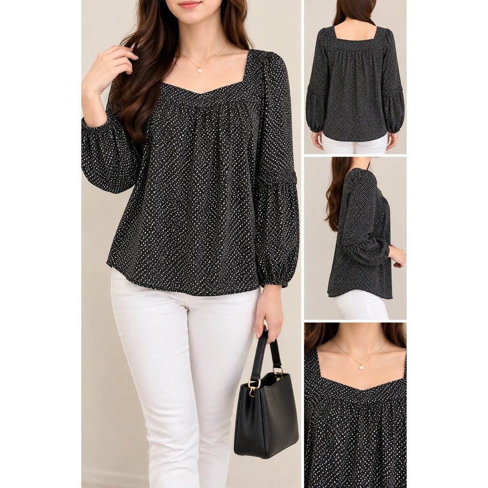 LC Lauren Conrad Black White Print Square Neck Bishop Sleeve Blouse XS